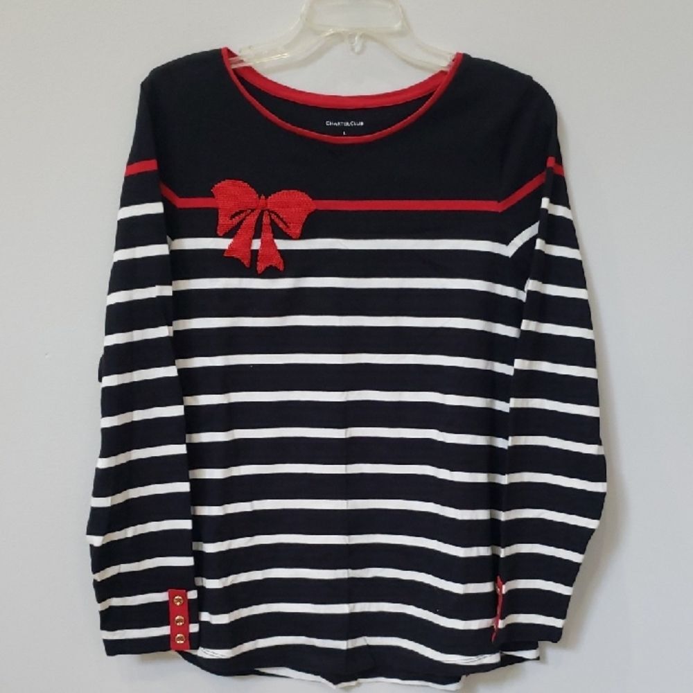 Charter Club Sweater Womens L Cotton Navy &White Striped Beaded Red Bow Holiday